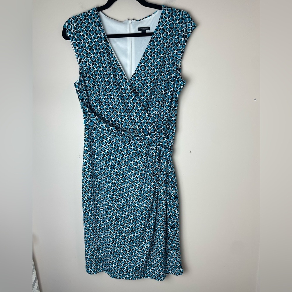 Ann Taylor Black Label Dress Geometric Print Faux Wrap Sz 8 Sleeveless Teal